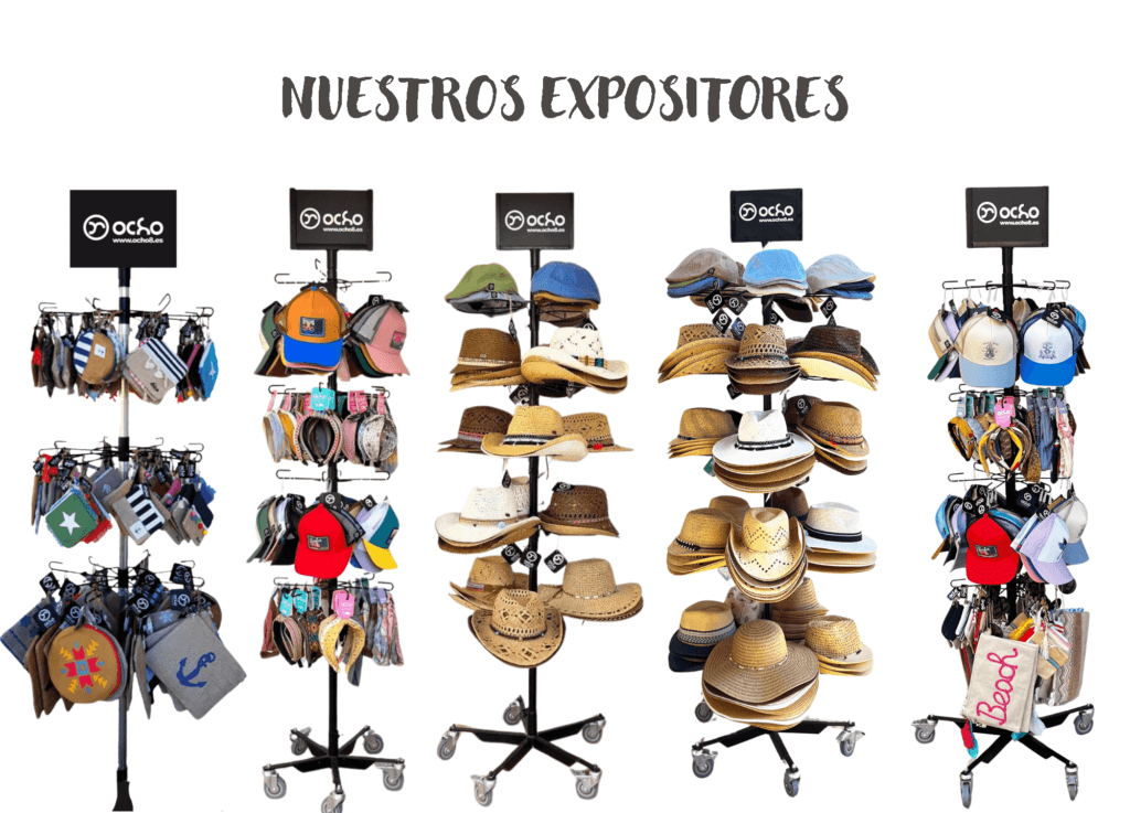 EXPOSITORES CON SOMBREROS GORRAS FEDORAS Y PAMELAS DE PLAYA
